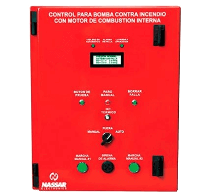 Los tableros de Control de Incendio, Serie 50, incluyen requerimientos indicados por la N.F.P.A en su panfleto #20. Estos controlan la operación automática de la bomba operada por el motor de combustión interna. El tablero arranca automáticamente el motor de la bomba cuando ocurre una baja de la presión en la red de incendio, esta baja se detecta por medio del interruptor de presión que manda la señal de arranque al control y éste inicia 6 intentos de arranque de 10 Seg. alternados con 5 períodos de descanso de 10 Seg., en los tableros para motor diesel, el arranque se alterna para 2 baterías. En el momento que la presión en la red sube, el interruptor de presión manda la señal de paro al control, éste para el motor después de que haya transcurrido el tiempo ajustado en el retraso de paro